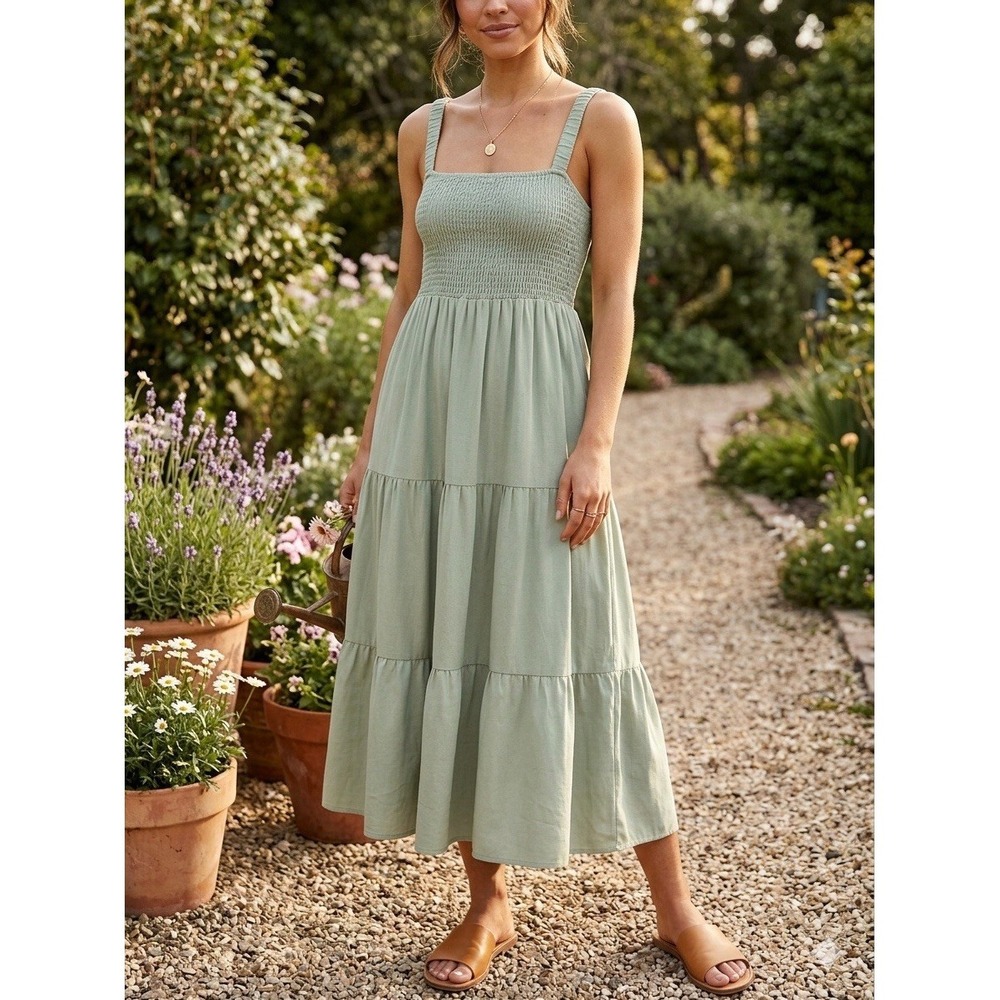 Blu Pepper Womens M Midi Dress Smocked Tiered Sleeveless Green CottageCore Boho